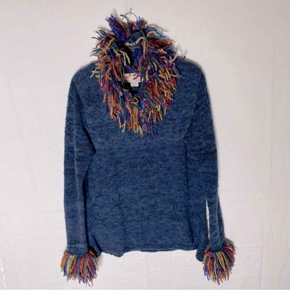 Vintage World Folk Art Imports Blue Wool Knit Sweater With Rainbow Fringe Trim M